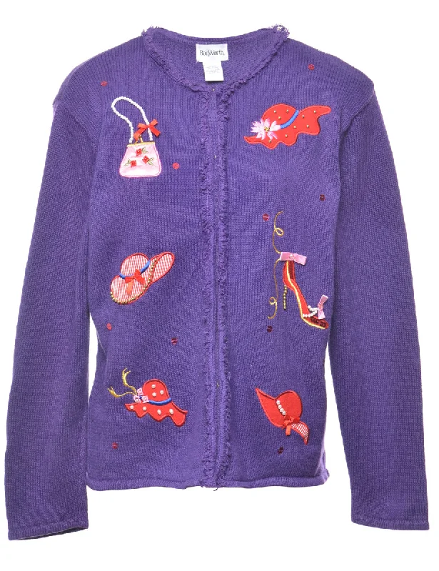 Patchwork Applique Purple Christmas Cardigan - M