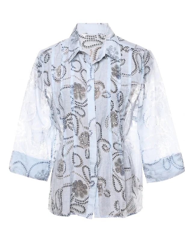 Sheer Effect Light Blue & Grey Floral Shirt - L