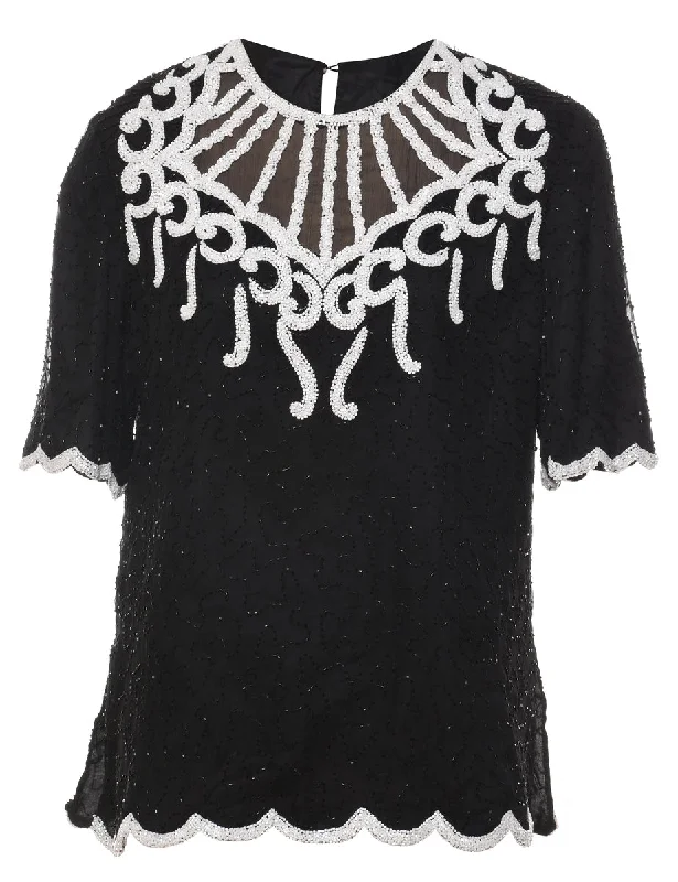 Black Beaded Silk Party Top - L