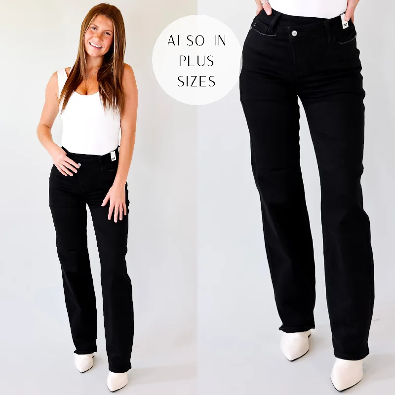 Last Chance Size 0, 1, 3, 5, 20W & 22W | Judy Blue | Here Forward Criss-Cross Waistband Straight Leg Jeans in Black