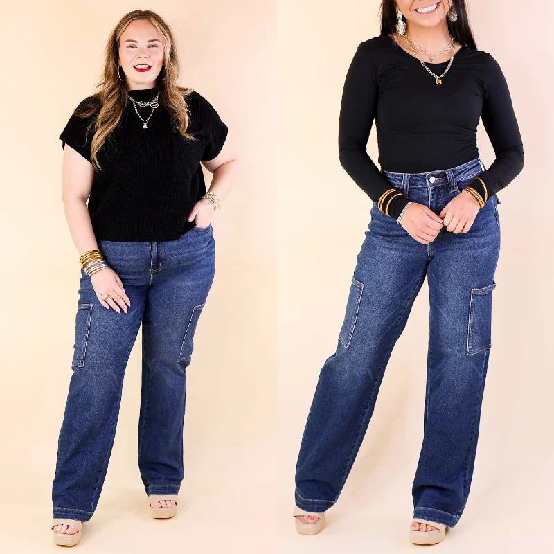 Judy Blue | Downtown Denim High Waisted Wide Leg Cargo Jean in Dark Wash