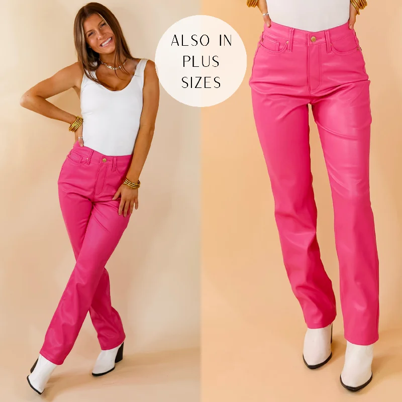 Judy Blue | Let's Go Party Faux Leather Tummy Control Straight Leg Pants in Hot Pink (Lots of Sizes)