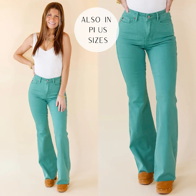 Last Chance Size 11, 15, 14W, 16W, 20W & 22W | Judy Blue | Manifest It Tummy Control Flare Jeans in Topaz Green