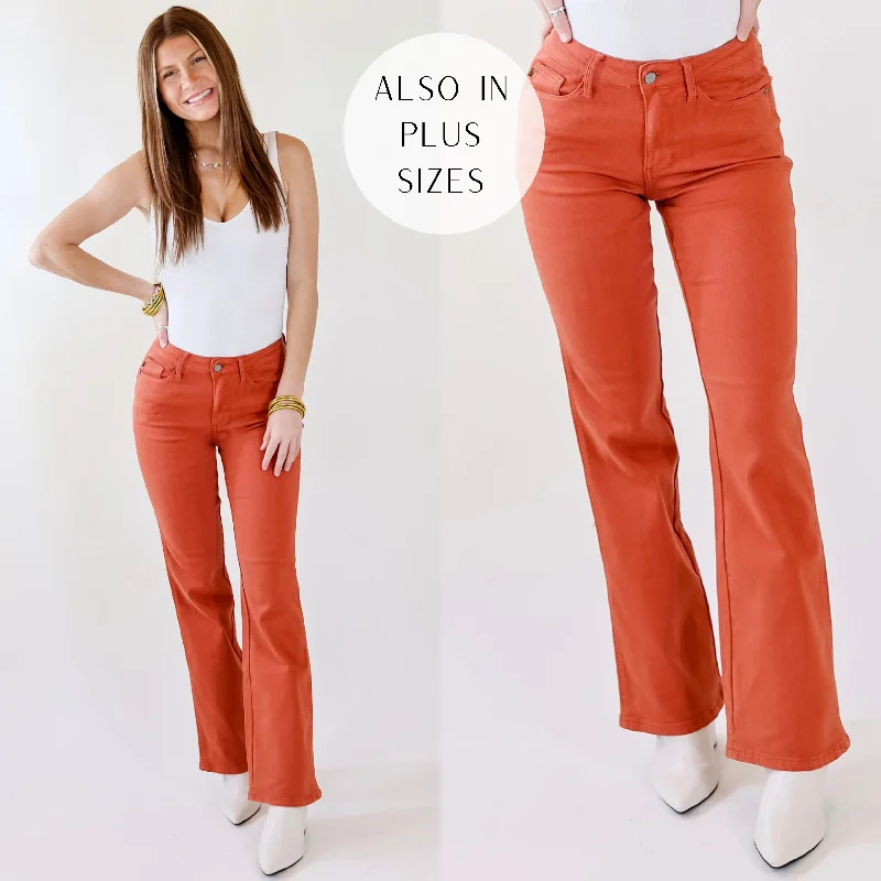 Last Chance Size 0, 9, 13, 15, 14W-24W | Judy Blue | Fall Crush Slim Boot Cut Jeans in Rust Orange