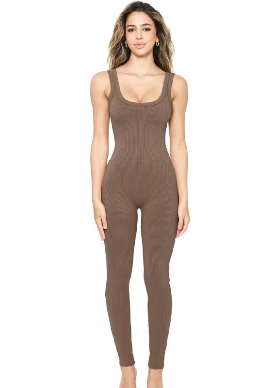 Light Up The Night Sleeveless Deep Neck Jumpsuit in Brown