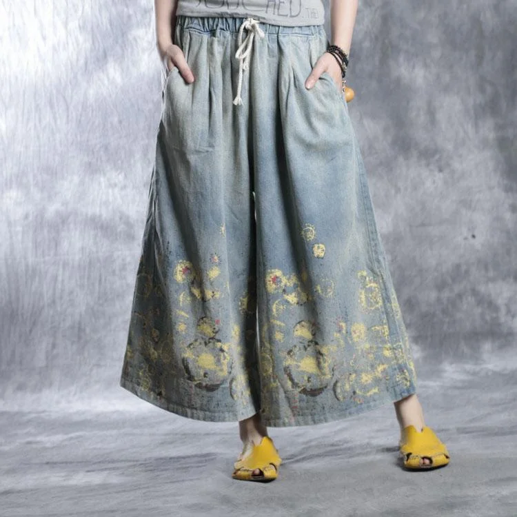 fall Denim pants floral wide leg pants trousers