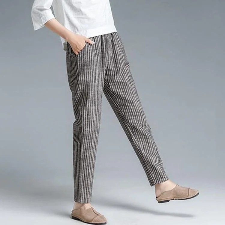 Plus Size Stripe Cotton Linen Women Pants