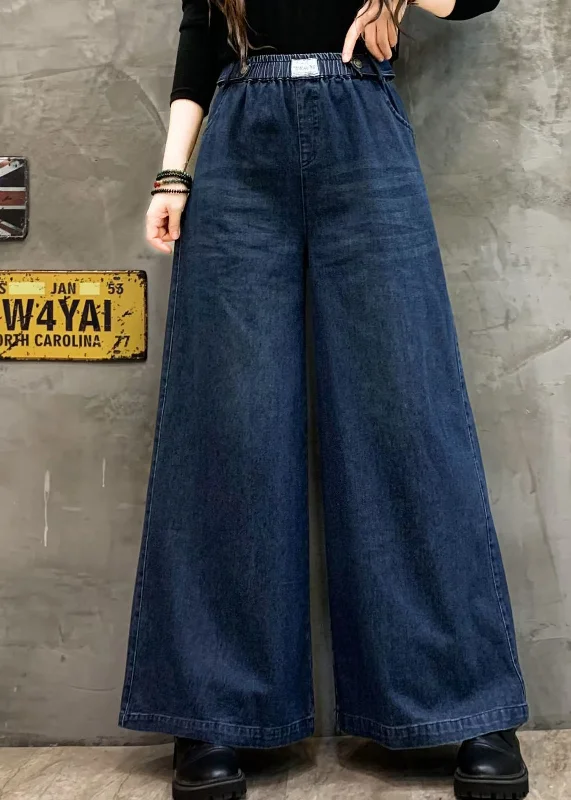 Blue Pockets Casual Denim Wide Leg Pants Elastic Waist Fall