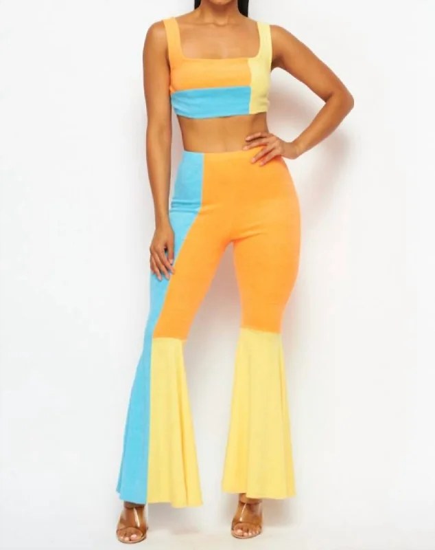 Bright Idea Terry Cloth Crop Top And Pant Set In Orange, Blue, Yellow