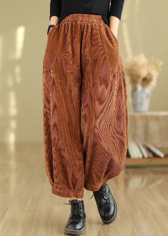 Caramel Pockets Patchwork Corduroy Pants Elastic Waist Fall