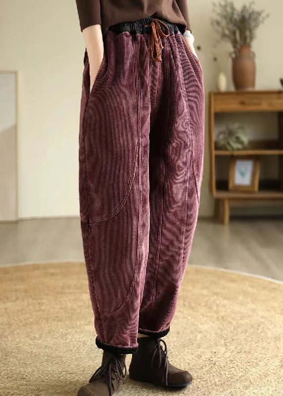 Dull Purple Warm Fleece Corduroy Harem Pants Oversized Winter