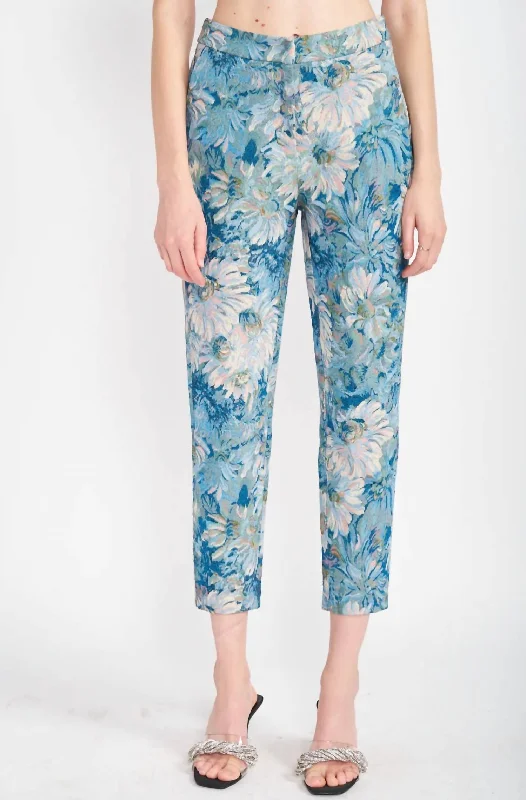 Floral Jacquard Trousers In Blue