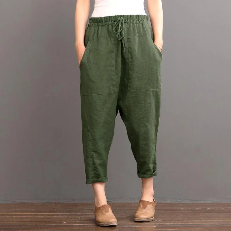 Green Linen pants summer crop pants elastic waist