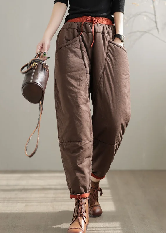 Khaki Patchwork Fine Cotton Filled Pants Elastic Waist Oversized Drawstring Winter