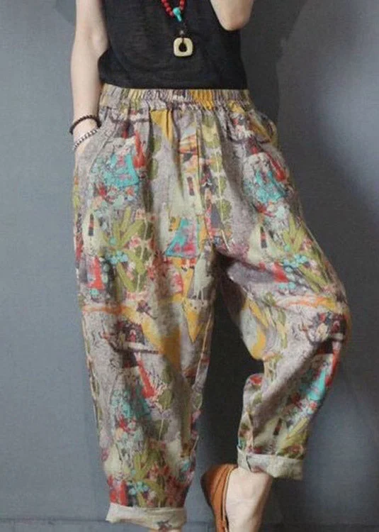 Loose Pockets Elastic Waist Print Linen Harem Pants Summer