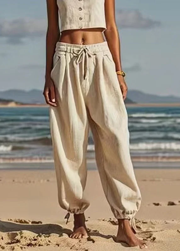 Natural Beige Patchwork Tie Waist Lantern Pants Summer