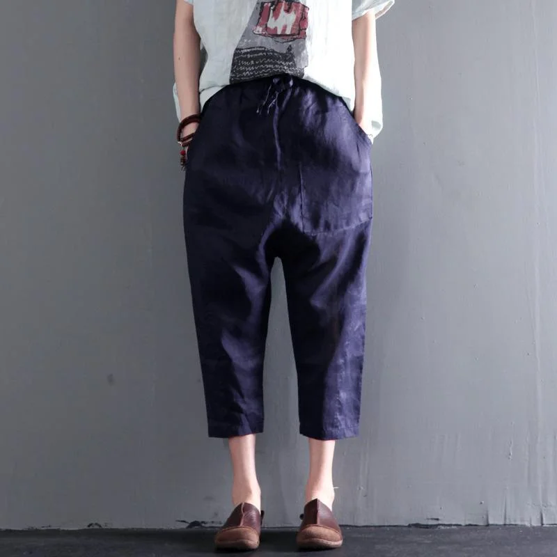 Navy linen pants summer crop pants large pockets