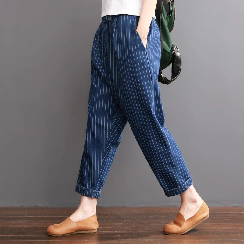 Navy striped summer crop pants cotton trousers elastc wiast