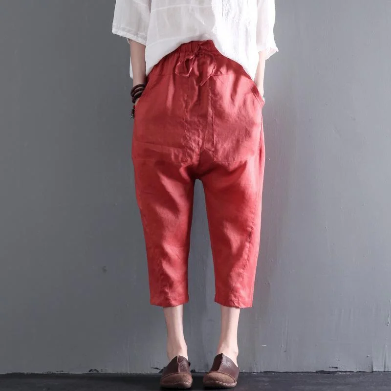 Orange pockets linen summer crop pants plus size