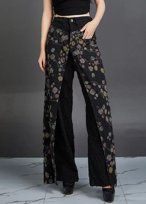 Original Design Black Print High Waist Patchwork Denim Pants Fall