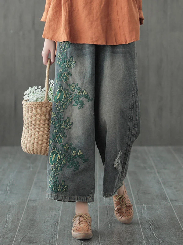 Original Embroidered Wide-Leg Column Denim Pants