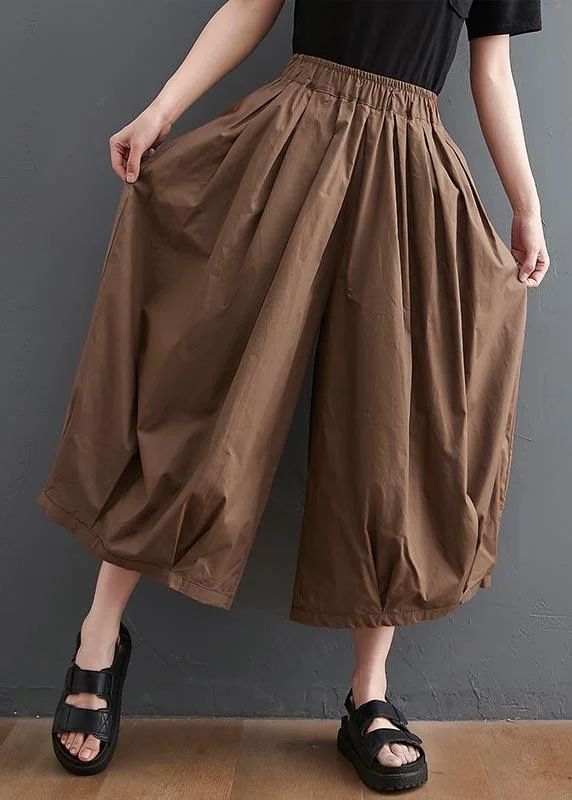 Plus Size Brown Pockets Wide Leg Pants Trousers Summer Cotton Linen