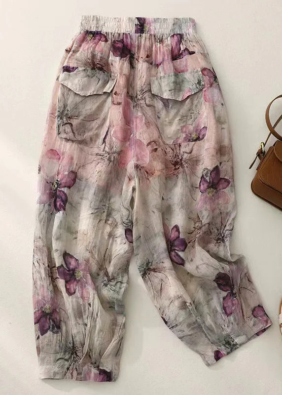 Plus Size Pockets Print Elastic Waist Cotton Lantern Pants Summer