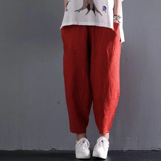 red classic linen summer women pants trousers