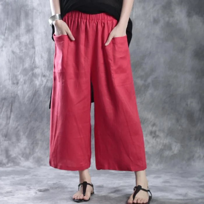 Red wide leg pants plus size linen pants elastic waist