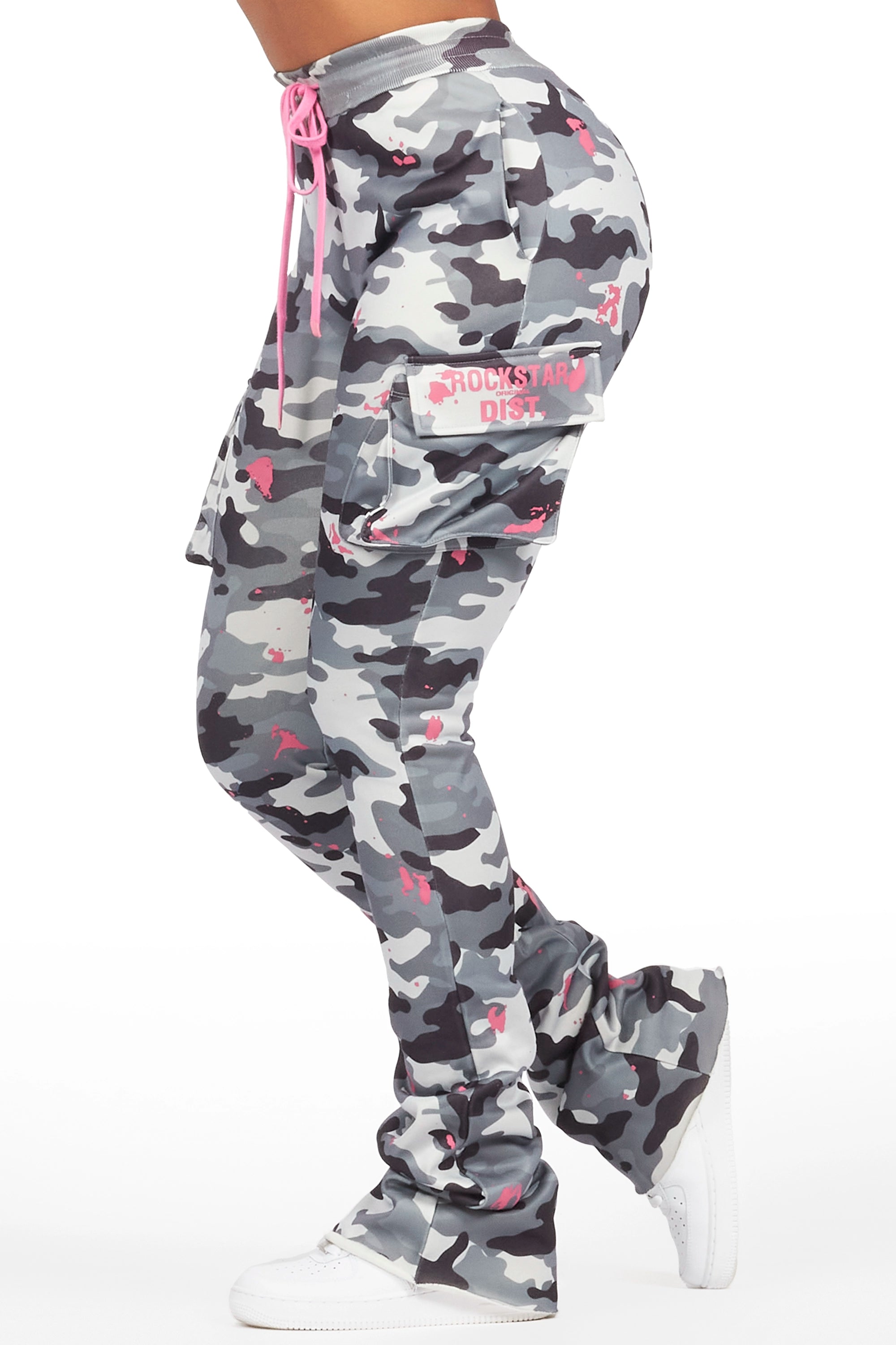 Lavenda Grey Camo Cargo Stacked Track Pant